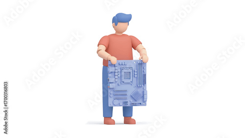 Man holding a blue computer motherboard in a sterile white environment, showcasing technology and innovation with a clean, modern aesthetic.