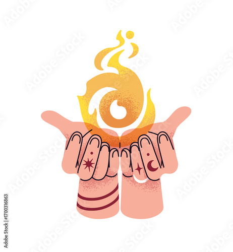 Human hands holding burning fireball. Magic fire in palms with esoteric tattoos on fingers. Sing of inner power. Symbol of witchcraft and energy. Flat isolated vector illustration on white background