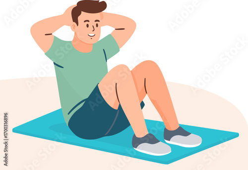 Young man exercising his abs, doing crunches on a yoga mat, promoting a healthy lifestyle