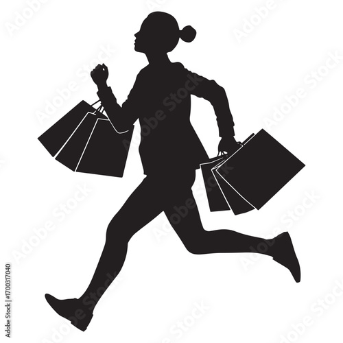 Silhouette of a woman in motion carrying multiple shopping bags