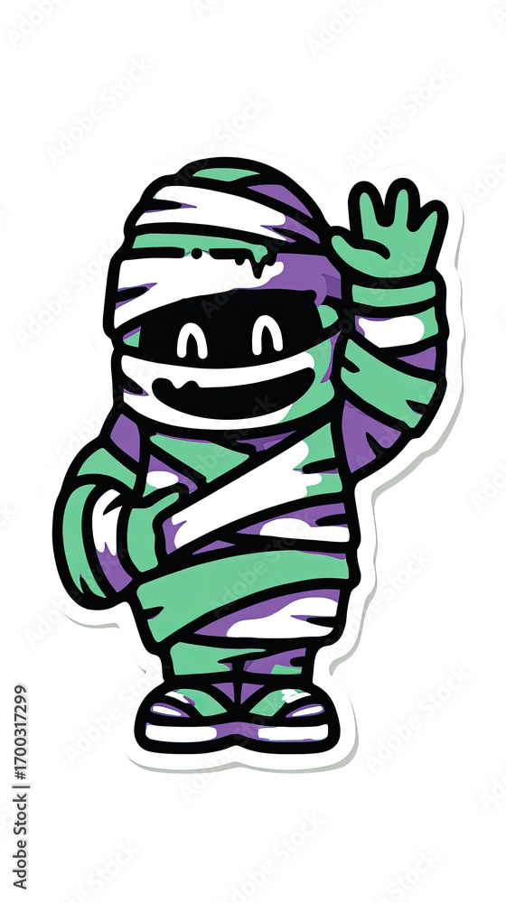 Fototapeta premium Cheerful and Cute Waving Mummy Sticker Illustration for Halloween Festivities