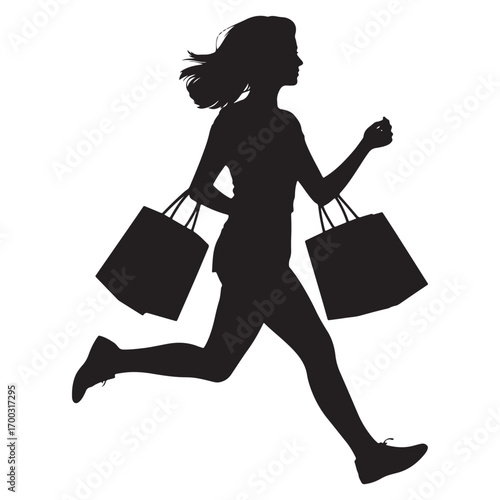 Silhouette of a woman running with shopping bags