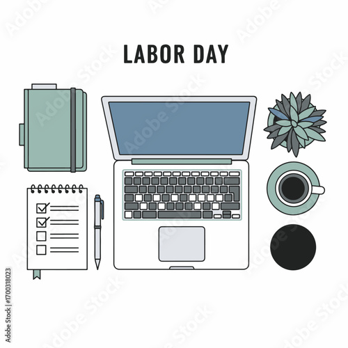 Labor Day desk laptop, planner, pen, plant, coffee, and coaster