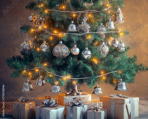 Ornate Christmas tree with silver bells, glass ornaments, twinkling lights and wrapped gifts.