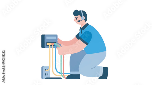 Technician connecting network cables to a server in a data center, ensuring smooth operation and connectivity for the business, showcasing expertise and precision.