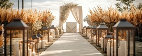 Lantern-Lined Wedding Aisle Leading to Modern Altar