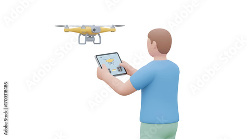 Man controlling yellow drone with tablet in minimalist white space, showcasing modern technology and hobby with clean, futuristic aesthetic.