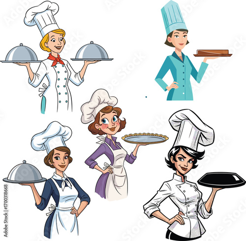 Female chefs illustration, diverse culinary uniforms, professional women cooking, serving food, kitchen staff, restaurant workers, chef attire, teamwork