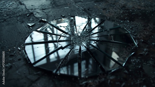 Broken glass shattered mirror fragments sharp pieces destruction damage accident vulnerability fragility loss
