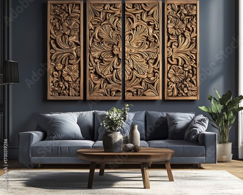 Rustic Wooden Panel Artwork with Intricate Hand Carvings