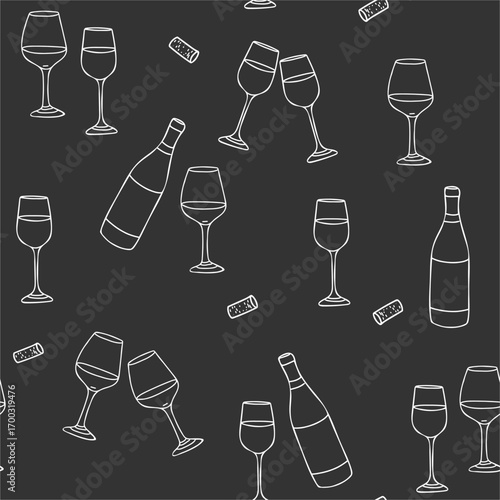 Wine graphic Seamless pattern. Wine Bottle, Cork and clinking Glasses. Hand drawn white line on a black background. Vector illustration in Doodle style. For restaurant menus and graphic design