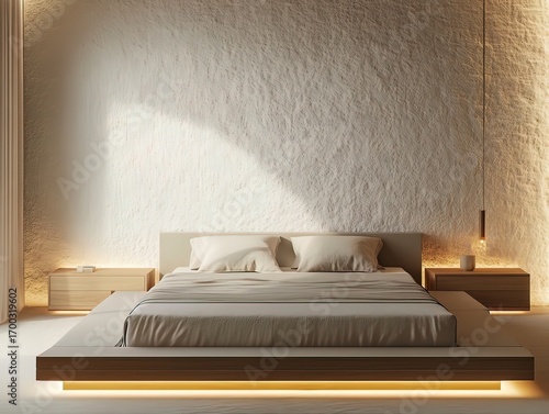 Tranquil sleeping space styled with low bed, warm tones, and sleek furniture.