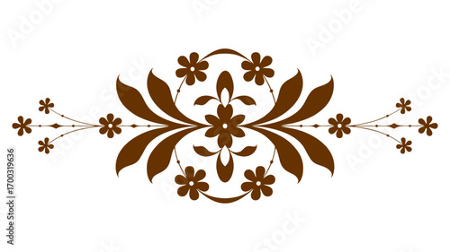 A vintage vector graphic of a symmetrical floral ornament in a rich brown color. An elegant and decorative design for use as a divider or border.