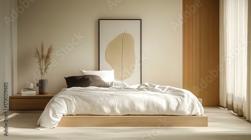 Modern bedroom with low bed, white linens and abstract artwork.