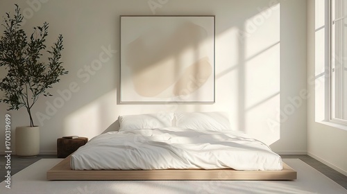 Sleek bedroom design featuring minimalist furniture and artistic elements.