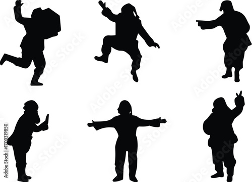 Human Silhouette Poses, Expressive Gestures, Dynamic Movement, Black Figures, Jumping, Pointing, Peace Sign, Standing, Action, Vector, Design