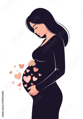 Beautiful pregnant woman holding her belly with pink hearts floating outward a symbol of love and new life