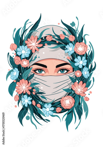 Beautiful woman wearing hijab surrounded by blooming flowers and greenery artwork