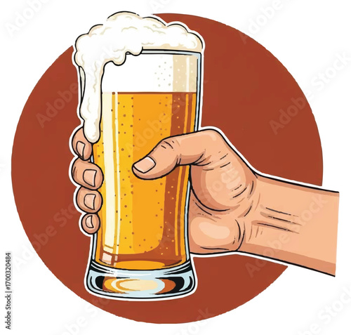 A hand holding a tall glass of beer with a frothy head, against a red background.