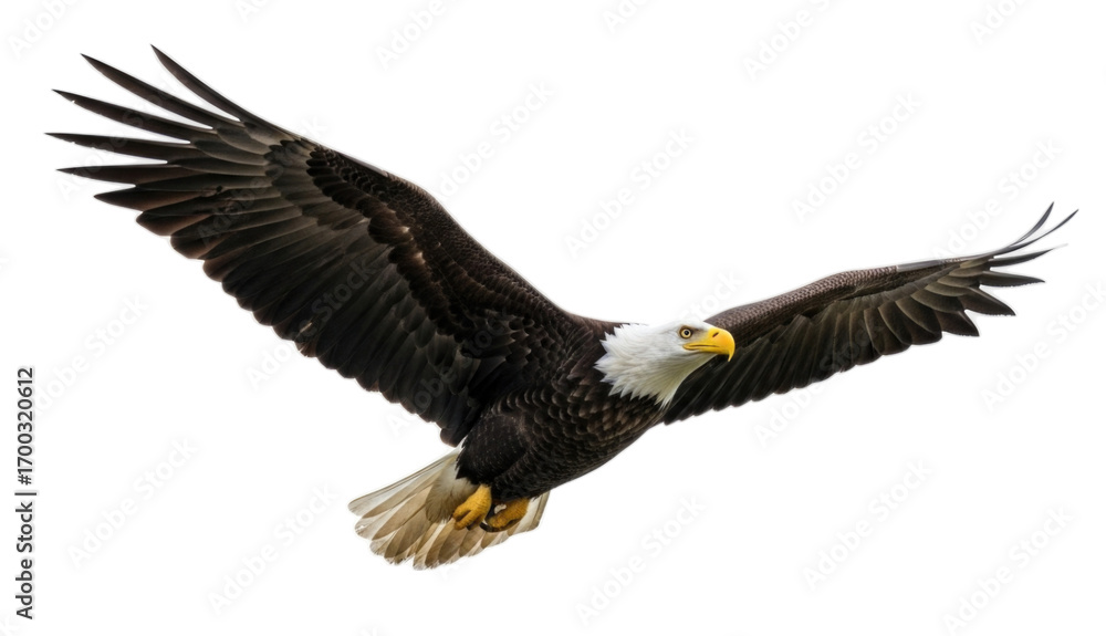 Naklejka premium Bald eagle flying majestically with wings spread wide, cutout isolated on transparent bg, png