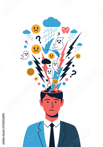 Mental health brainstorming overthinking stress anxiety confusion and sadness explosion