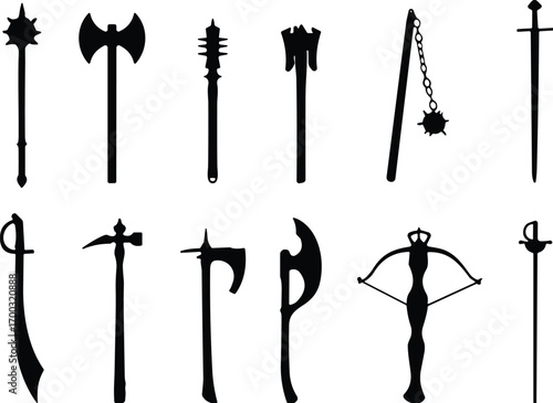 Medieval weapon silhouette collection, black battle icons, historical armament shapes, vector illustration, fantasy combat, warfare design, blade, armor