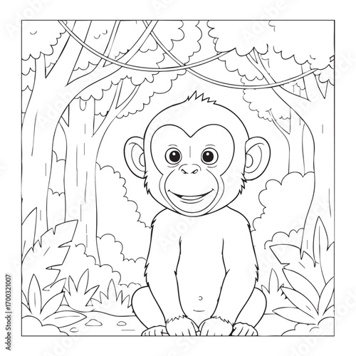 Minimalist Vector Illustration of Playful Monkey in Jungle Scene in Black and White Style