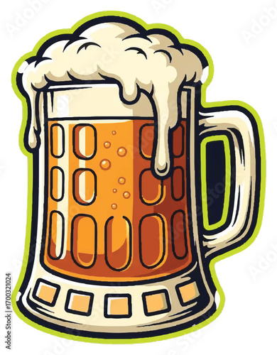 A cartoon illustration of a glass of beer with a foamy head.