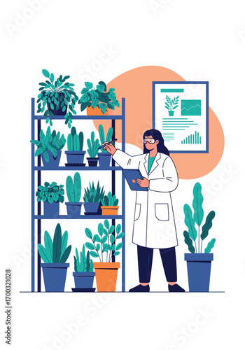 Botanist studying plants in a research laboratory setting surrounded by diverse flora