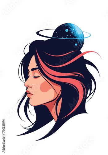 A woman with a planet in her hair and stars in her mind looking into the future