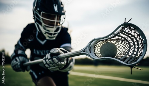 Sports: lacrosse stick cradling ball in motion, player’s face hidden by helmet shadow, blurred green field behind, cinematic action sports.