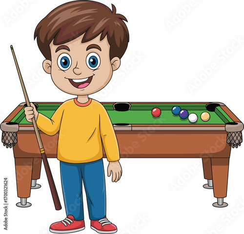 Cartoon child playing pool with cue and colorful billiard balls, expressive sports illustration for children’s content, recreational themes, and playful storytelling design