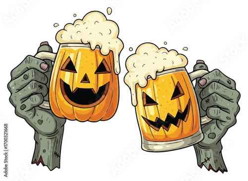 Two zombie hands toasting with frothy jack-o'-lantern beer mugs, celebrating Halloween with a spooky drink.