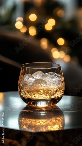 Close-up shot of a whisky tumbler filled with ice and amber liquid.