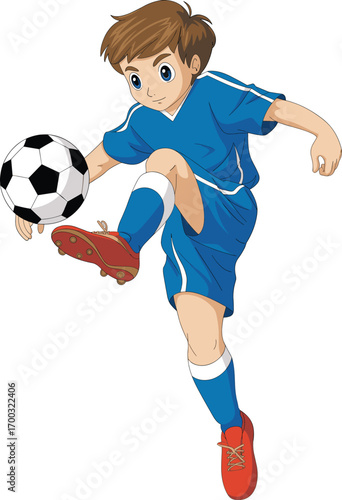 Cartoon soccer player balancing ball on knee, dynamic youth sports illustration for athletic content, children’s activity themes, and expressive motion-based storytelling design