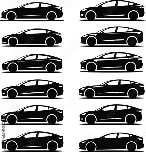 Car silhouette icon set with twelve profile variations, black automotive design pack for vehicle comparison, transportation themes, and industrial illustration content