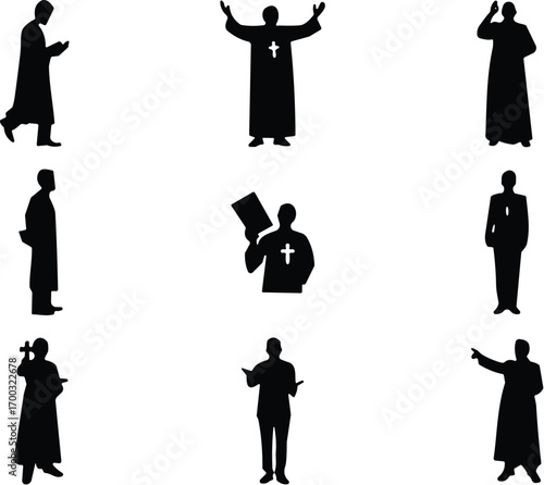 Religious figure silhouette collection, black spiritual icons, preaching poses, prayer gestures, vector illustration, clergy design, faith, devotion