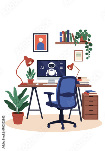 Modern home office setup with computer displaying ai robot and bookshelves filled with books