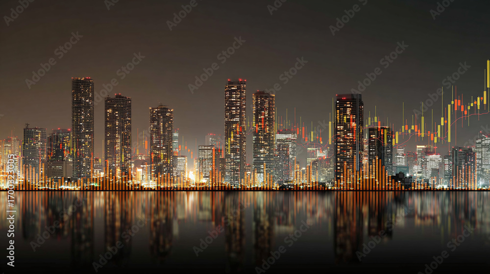 Naklejka premium Urban finance concept: A nighttime cityscape with superimposed stock market chart patterns reflecting on water. Growth meets metropolis.