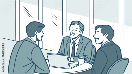 Group of men in suits smilng and conversing in a proessional environment, presnting or meeting with cliets.