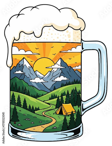 Beer mug with mountain landscape, tent, and sunrise illustration.