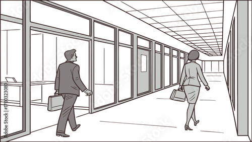 Business professionals waling in a modern office coridor, showing a busy corpoate environment.
