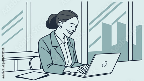 Latin businesswoman smilin at laptop in modern offic, using technology for onlne business.