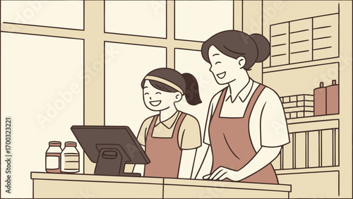 Asian mother and daughter miling together in a smallbusiness setting, symbolizng family business success