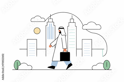 Middle Eastern professiona man wearing traditional atire walking in an urban bsiness district.