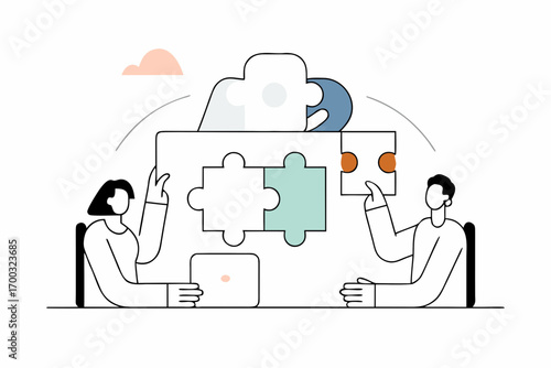 Business team assembling pzzle on table, symbolizingcollaboration, recruitment and collective teamwork.