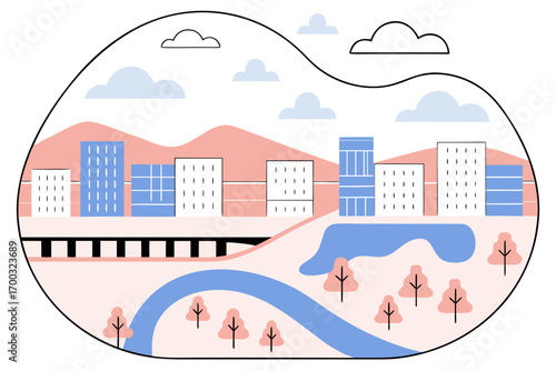 Panoramic cityscape view fom above, modern urban are with buildings and rivers illustrating city life an planning.