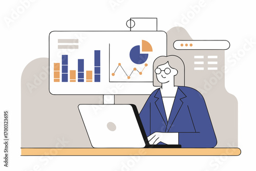 Businesswoman using laptopfor budget report, showingpride and professionalism,research and stock tradingcontext.