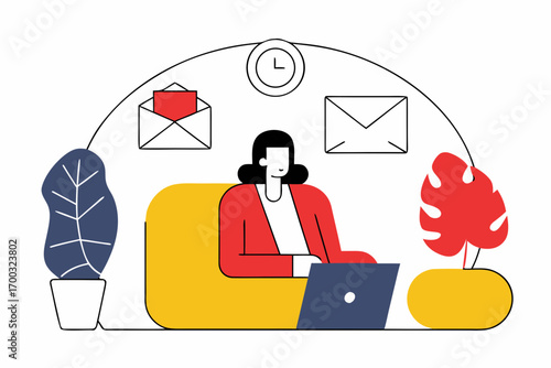 Businesswoman checking email, working remotely onlin, professional freelancer n white isolated backgroun.