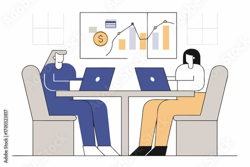 Businesswoman working on startup project using lapto and tablet, discussing fiance in modern office.